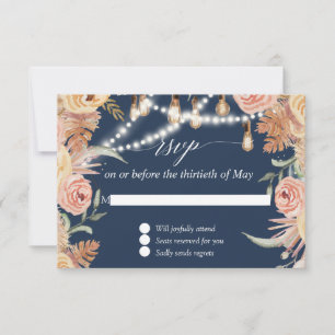 Twinkle Lights Navy Pink Floral Faded Foliage RSVP Card
