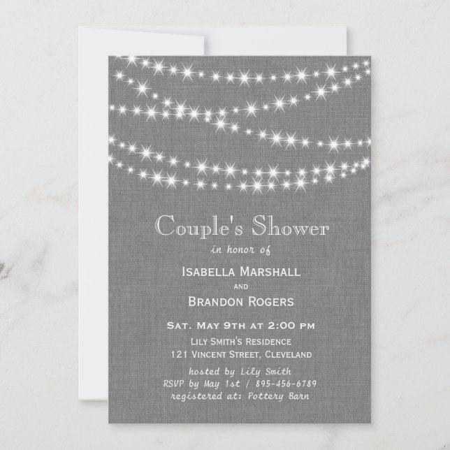 Twinkle Lights on Grey Burlap Couple's Shower Invitation (Front)