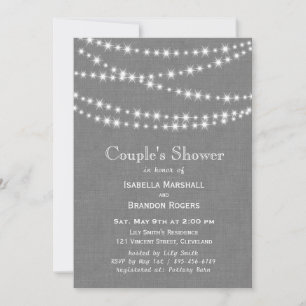 Twinkle Lights on Grey Burlap Couple's Shower Invitation