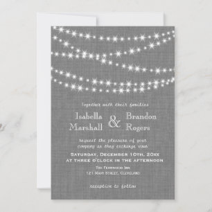 Twinkle Lights on Grey Burlap Wedding Invitation
