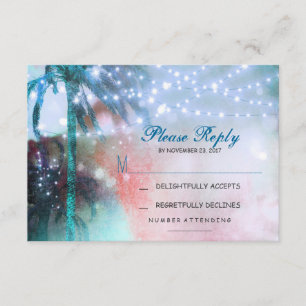 twinkle lights palms beach wedding RSVP card