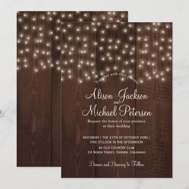 Twinkle lights rustic autumn barn wood wedding invitation (Front/Back)