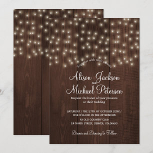 Twinkle lights rustic autumn barn wood wedding invitation