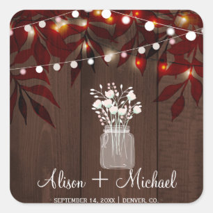 Twinkle lights rustic autumn mason jar wedding square sticker