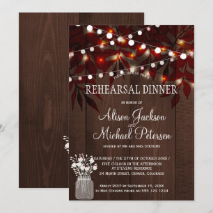 Twinkle lights rustic fall leaves rehearsal dinner invitation