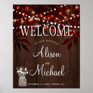 Twinkle lights rustic fall wedding welcome sign