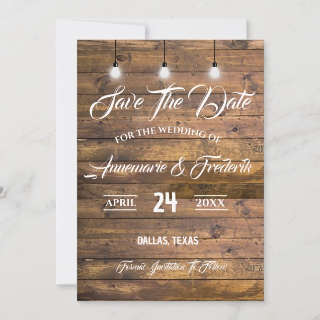 Twinkle Lights Rustic Wood Lace Save The Date (Front)