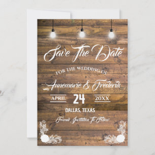 Twinkle Lights Rustic Wood Lace Save The Date