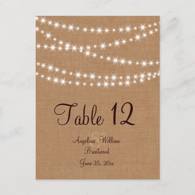 Twinkle Lights Table Number on Burlap Postcard (Front)