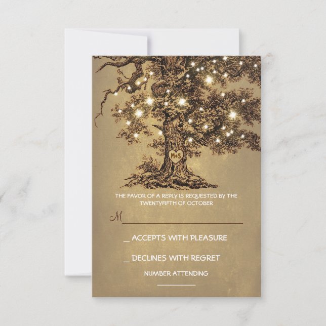 Twinkle Lights Tree Rustic Wedding RSVP card (Front)
