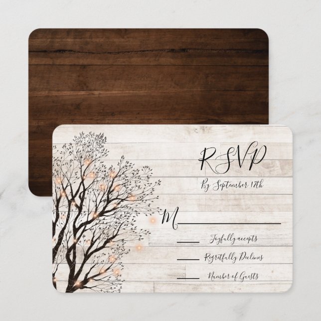 Twinkle Lights Tree Rustic Wood Wedding RSVP Invitation (Front/Back)