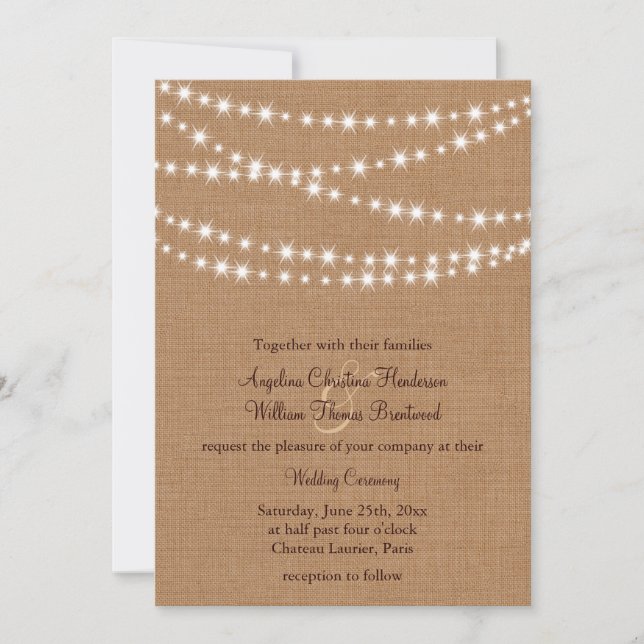 Twinkle Lights Wedding Invitation on Burlap (Front)