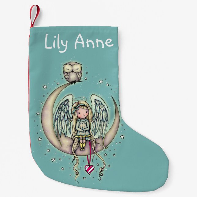 Twinkle Little Angel and Owl Illustrated Art Small Christmas Stocking (Front)