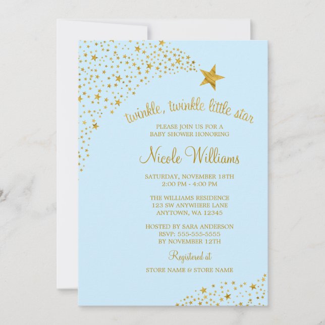 Twinkle Little Shooting Star Gold Blue Baby Shower Invitation (Front)