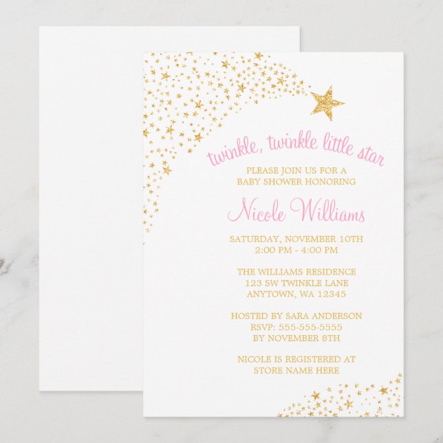 Twinkle Little Shooting Star Gold Pink Baby Shower Invitation (Front/Back)