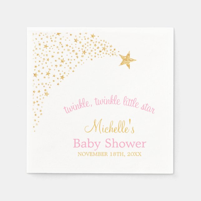Twinkle Little Shooting Star Gold Pink Baby Shower Napkin (Front)