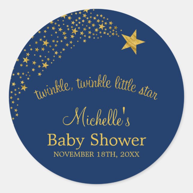 Twinkle Little Shooting Star Navy Gold Baby Shower Classic Round Sticker (Front)