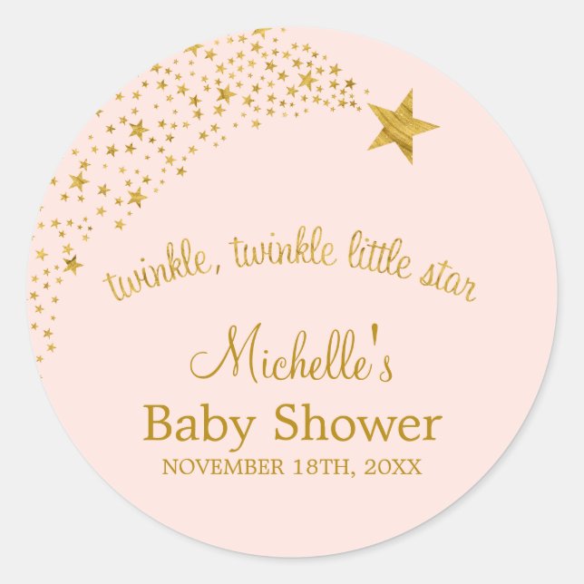 Twinkle Little Shooting Star Pink Gold Baby Shower Classic Round Sticker (Front)