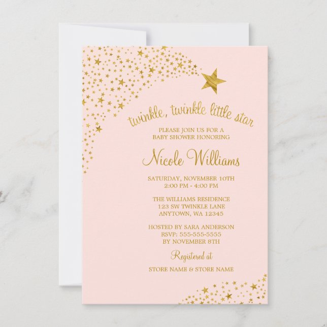 Twinkle Little Shooting Star Pink Gold Baby Shower Invitation (Front)