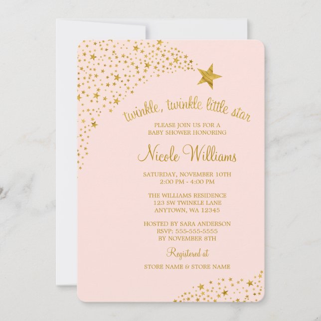 Twinkle Little Shooting Star Pink Gold Baby Shower Invitation (Front)