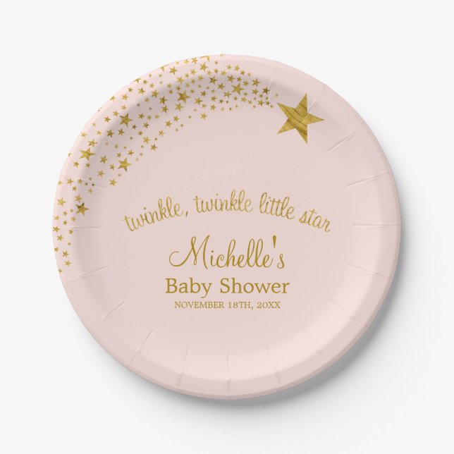Twinkle Little Shooting Star Pink Gold Baby Shower Paper Plate (Front)