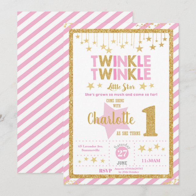 Twinkle Little Star 1st Birthday Invitation Girl (Front/Back)