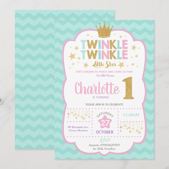 Twinkle Little Star 1st Birthday Invitation Girl (Front/Back)