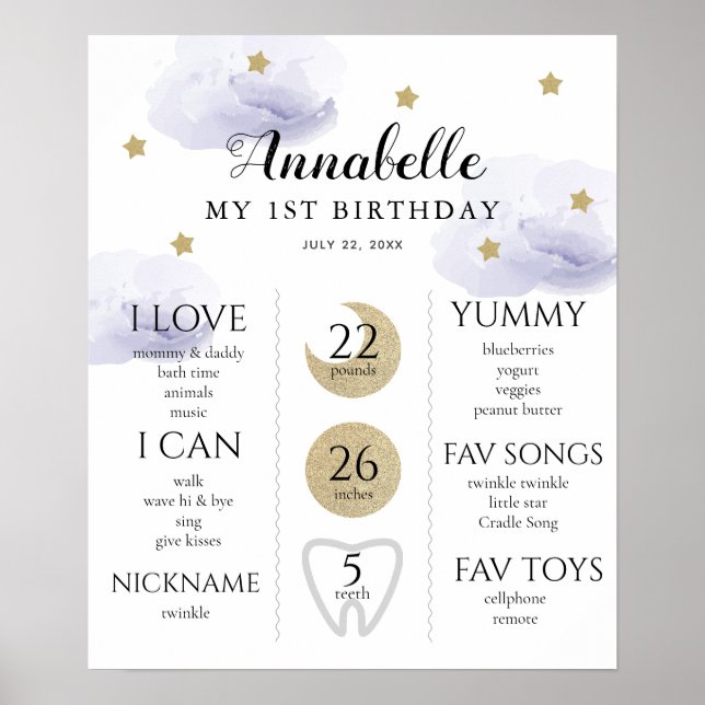 Twinkle Little Star 1st Birthday Milestone Purple Poster (Front)