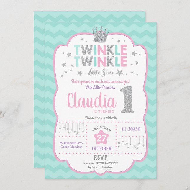 Twinkle Little Star 1st Birthday Princess Invitation (Front/Back)