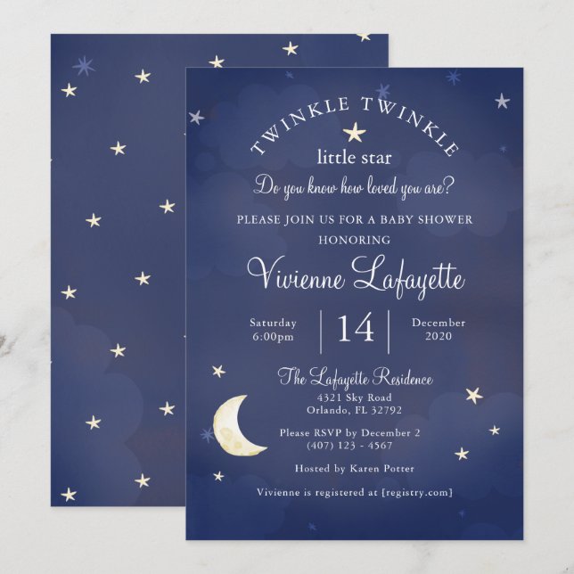 Twinkle Little Star and Moon Dark Blue Baby Shower Invitation (Front/Back)