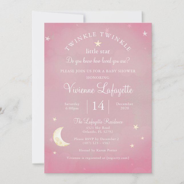 Twinkle Little Star and Moon Pink Baby Shower Invitation (Front)