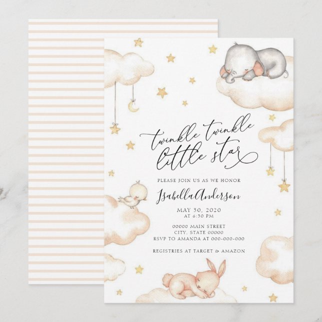 Twinkle Little Star Animals Neutral Baby Shower Invitation (Front/Back)