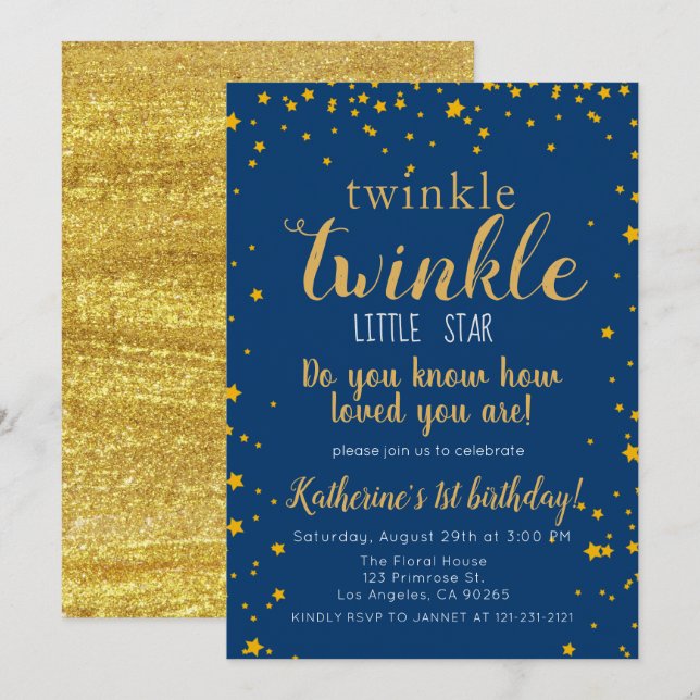 Twinkle Little Star Baby Blue & Gold 1st Birthday Invitation (Front/Back)