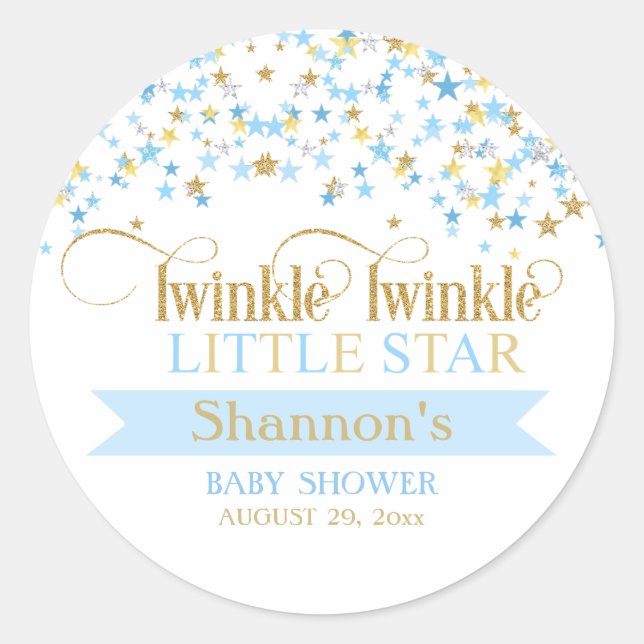 Twinkle Little Star Baby Shower Blue & Gold Classic Round Sticker (Front)