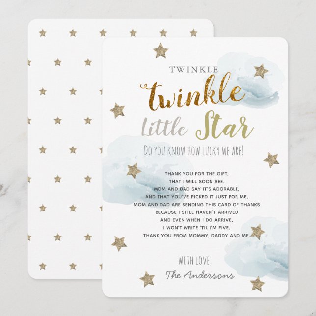Twinkle Little Star Baby Shower Blue Thank You Invitation (Front/Back)