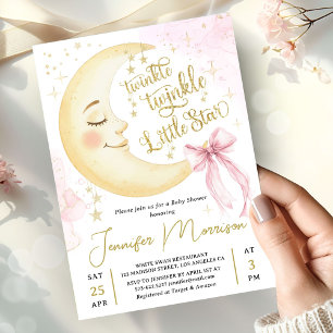 Twinkle Little Star Baby Shower Girl Pink Bow Moon Invitation