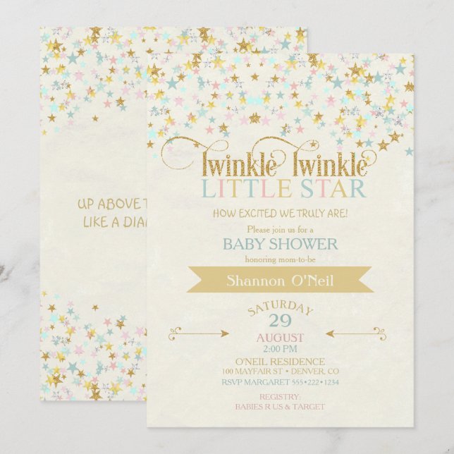 Twinkle Little Star Baby Shower Gold Aqua Invitation (Front/Back)
