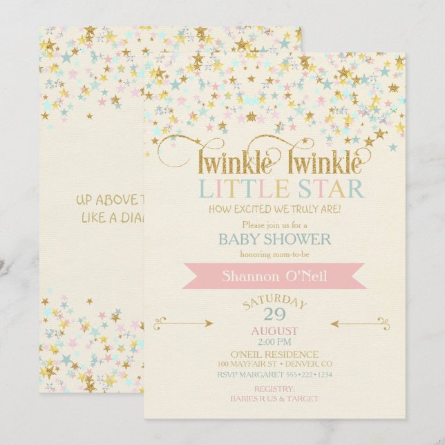 Twinkle Little Star Baby Shower Gold Aqua Pink Invitation (Front/Back)