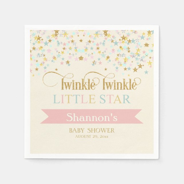 Twinkle Little Star Baby Shower Gold Aqua Pink Napkin (Front)