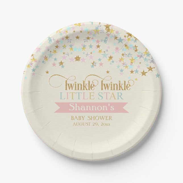 Twinkle Little Star Baby Shower Gold Aqua Pink Paper Plate (Front)