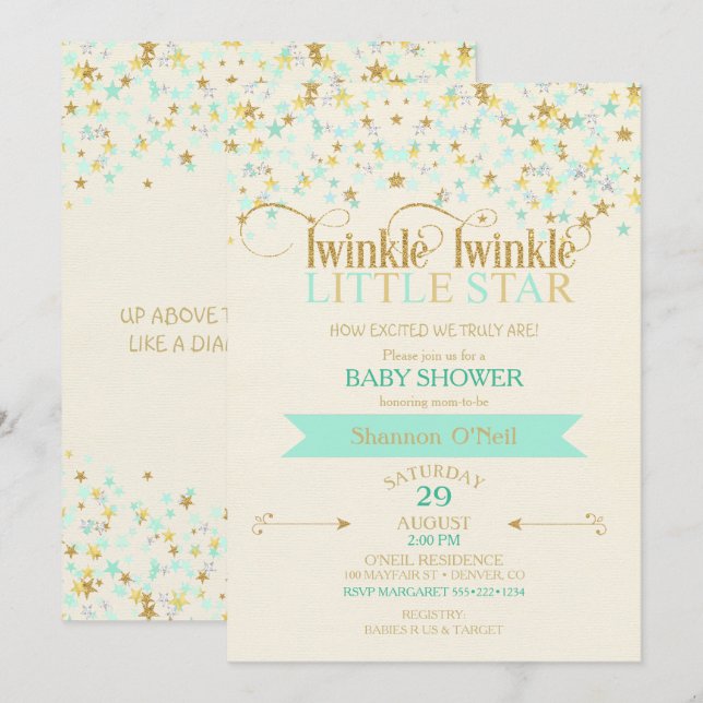 Twinkle Little Star Baby Shower Gold & Mint Invitation (Front/Back)