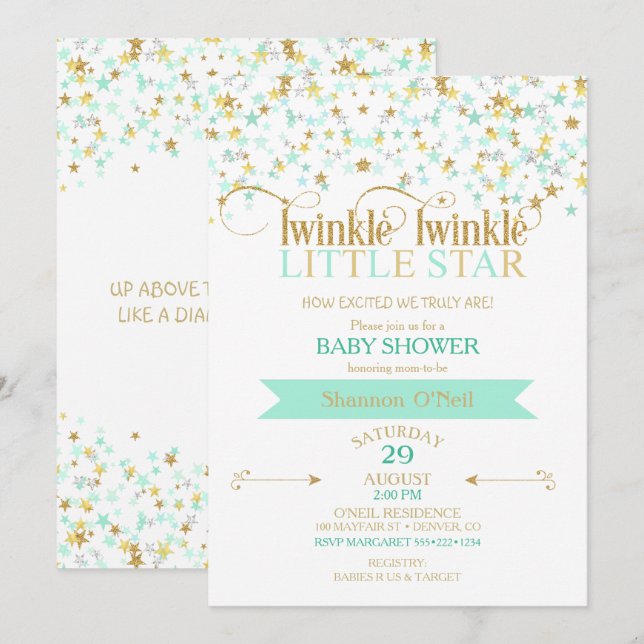 Twinkle Little Star Baby Shower Gold & Mint Invitation (Front/Back)