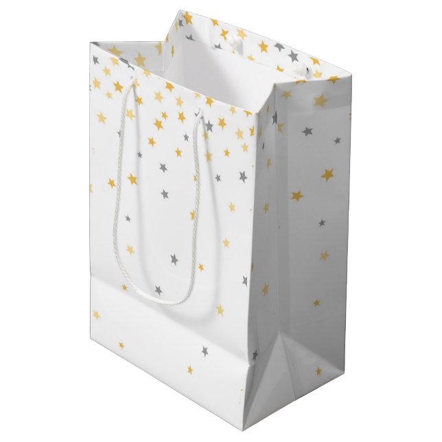 Twinkle Little Star Baby Shower Grey and Yellow Medium Gift Bag (Front Angled)
