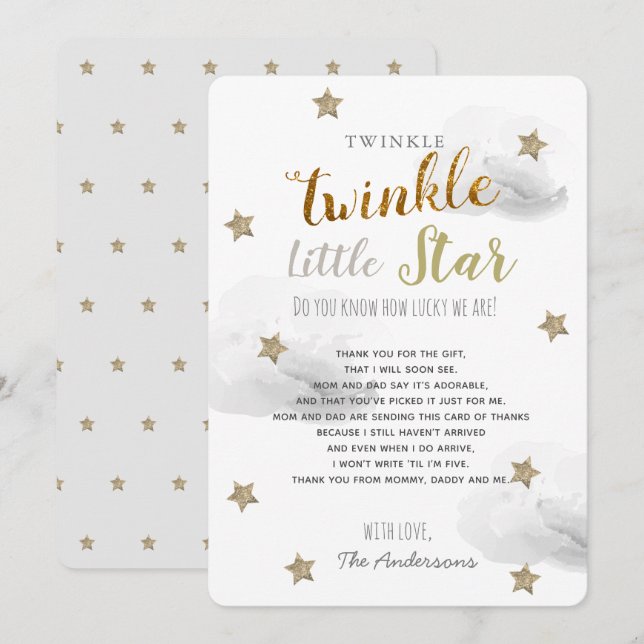 Twinkle Little Star Baby Shower Grey Thank You Invitation (Front/Back)