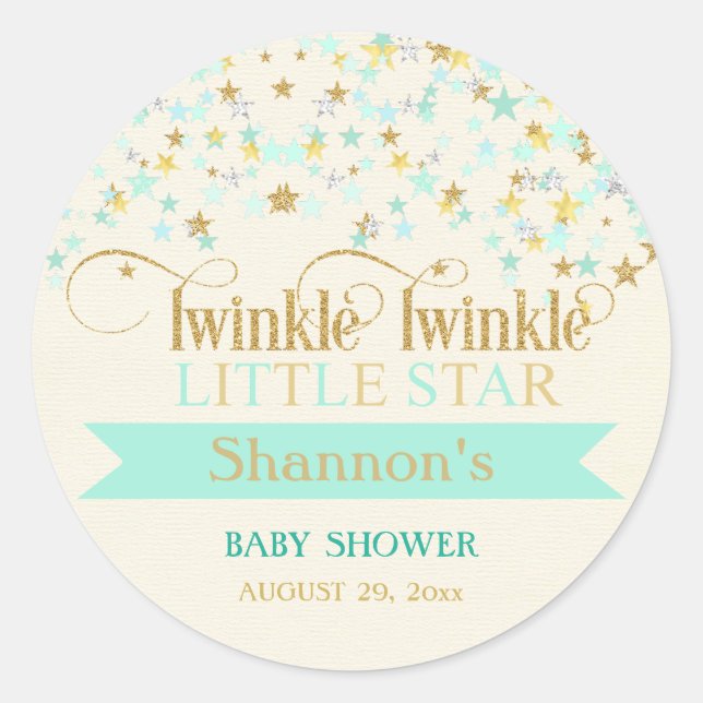 Twinkle Little Star Baby Shower Mint Green & Gold Classic Round Sticker (Front)