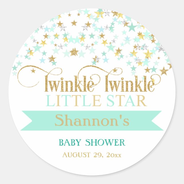 Twinkle Little Star Baby Shower Mint Green & Gold Classic Round Sticker (Front)