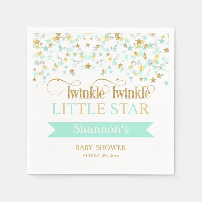 Twinkle Little Star Baby Shower Mint Green Gold Napkin (Front)
