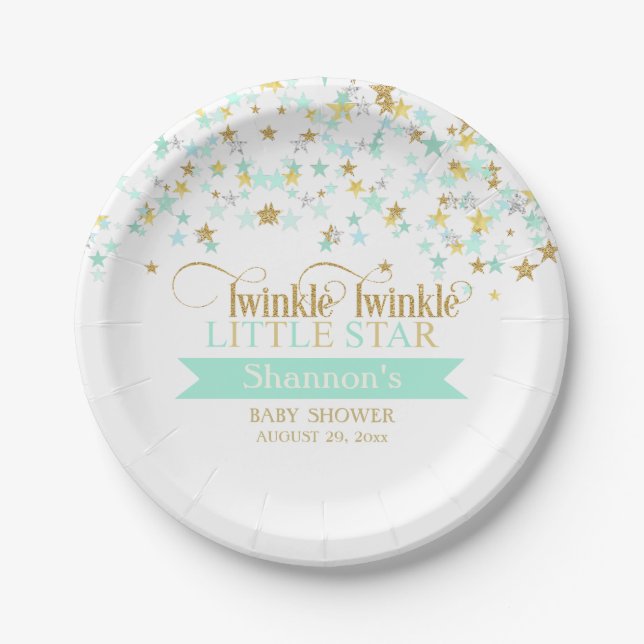Twinkle Little Star Baby Shower Mint Green Paper Plate (Front)