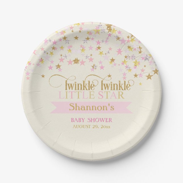 Twinkle Little Star Baby Shower Pink Gold Paper Plate (Front)
