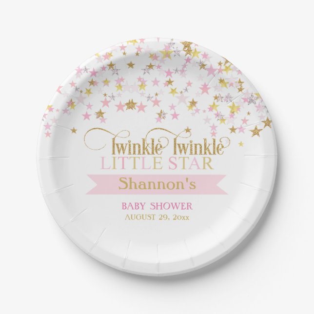 Twinkle Little Star Baby Shower Pink Gold Paper Plate (Front)